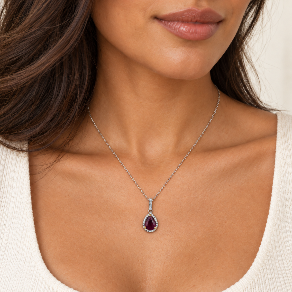 Pear Shaped Ruby with Diamond Halo Pendant