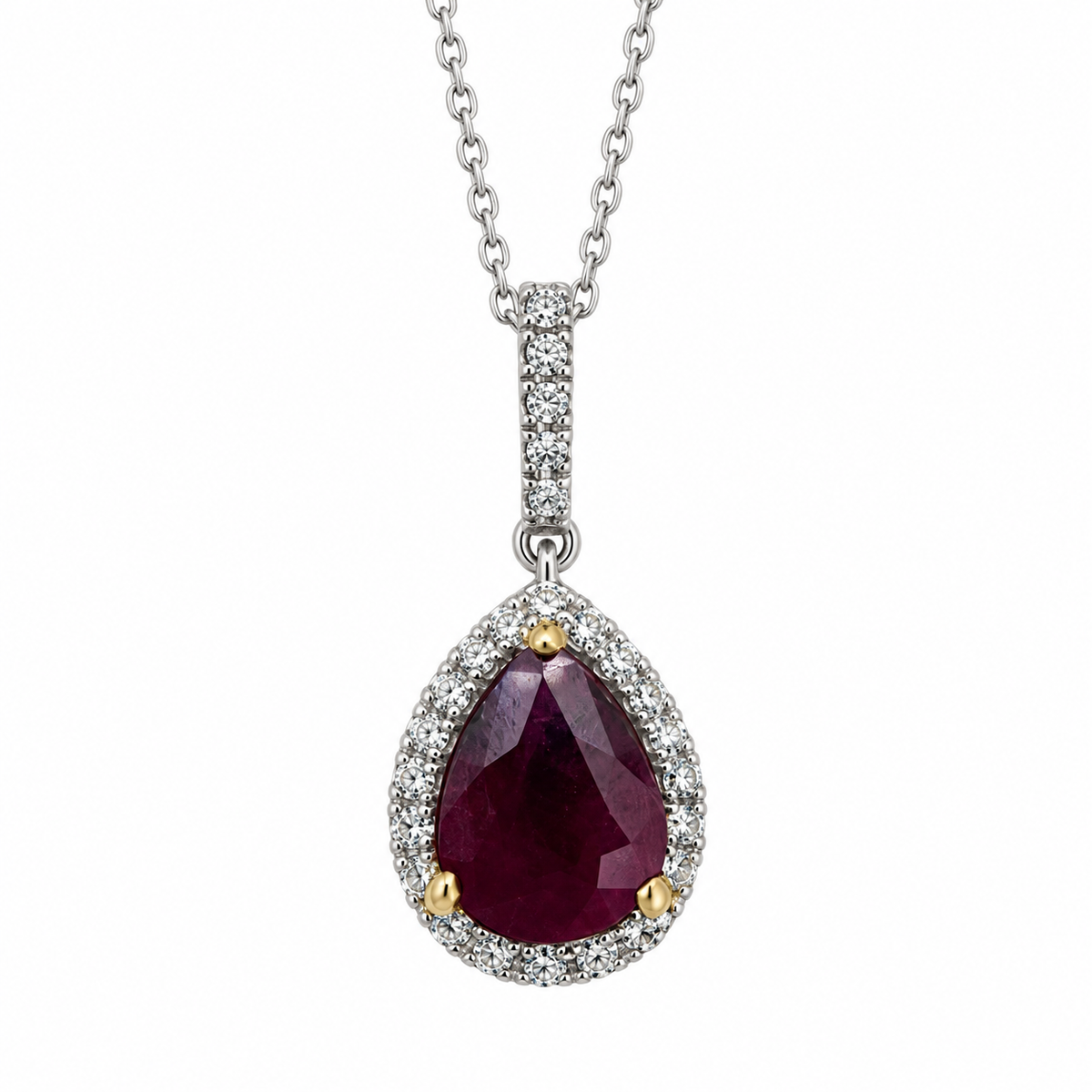 Pear Shaped Ruby with Diamond Halo Pendant