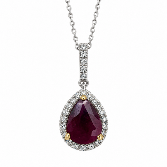 Pear Shaped Ruby with Diamond Halo Pendant