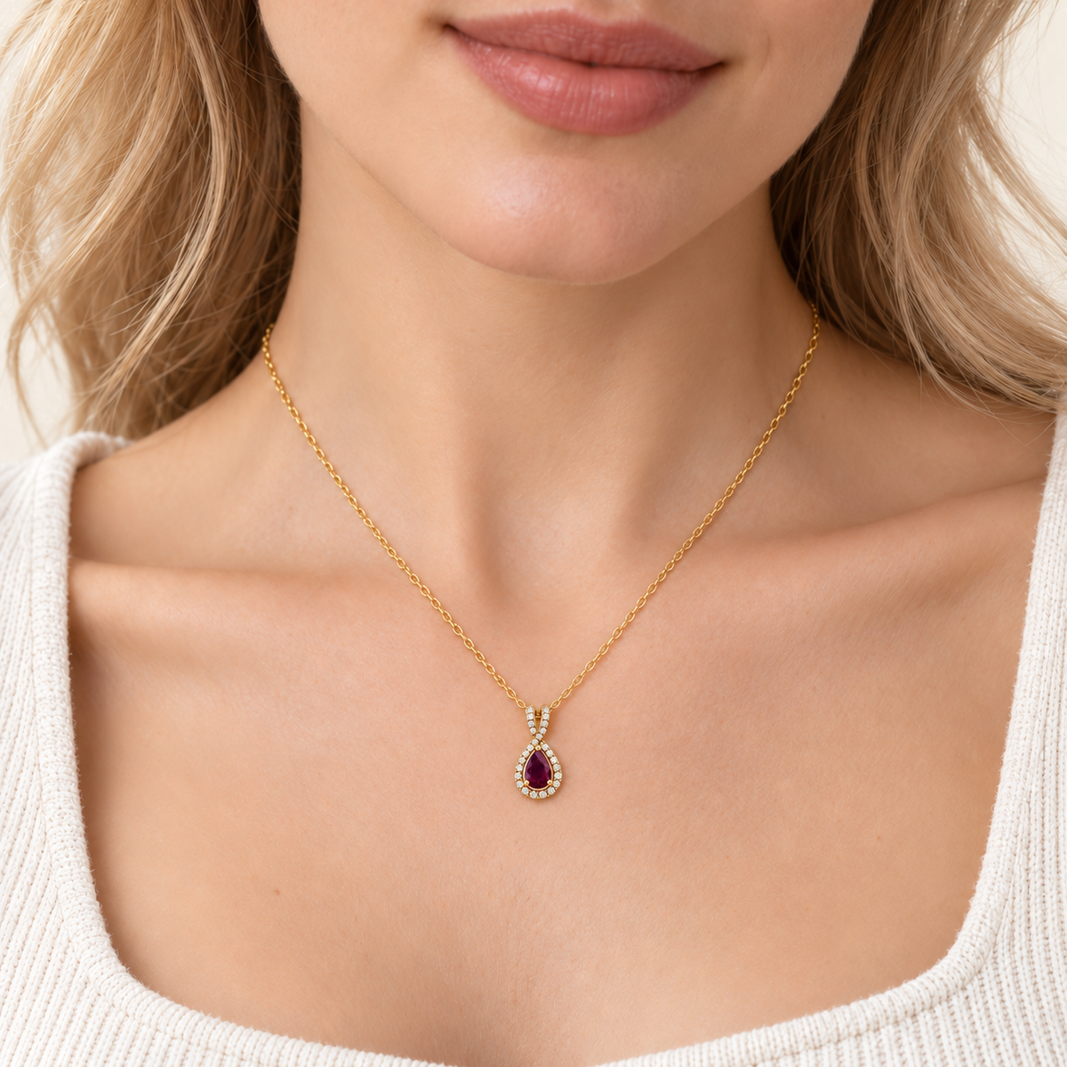 Small Pear Shaped Ruby Pendant with Chain