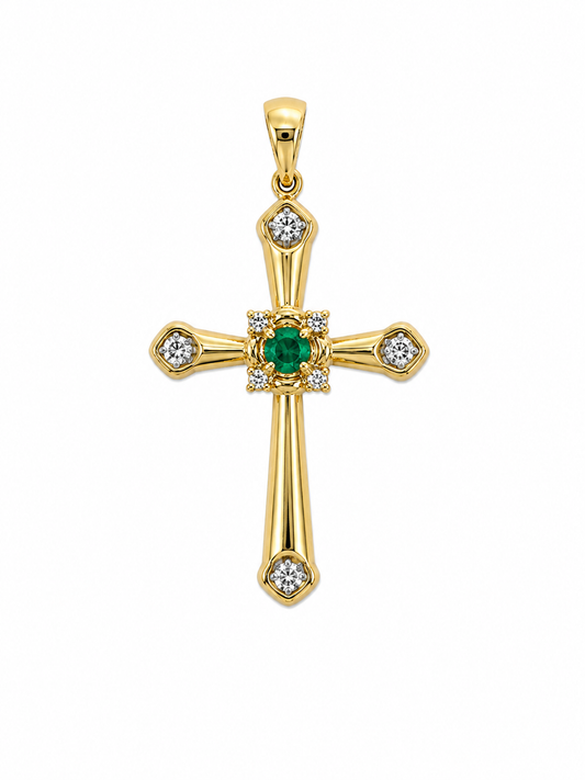 Yellow Gold Cross Pendant with Green Center Stone