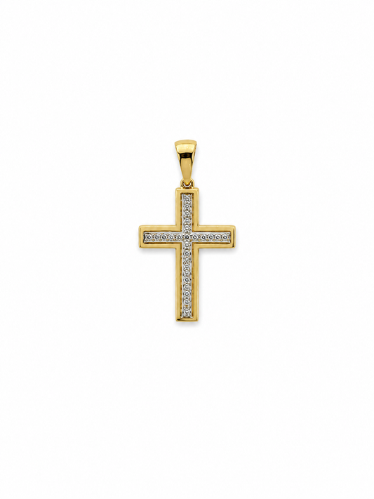 14K Yellow Gold diamond lined cross pendant