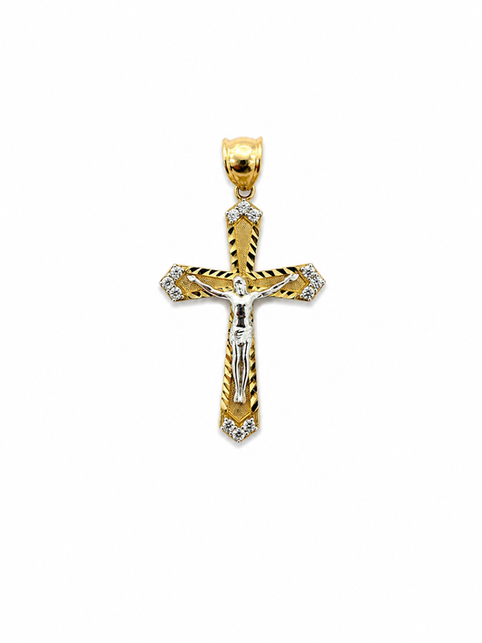 14K Two-Tone Gold Diamond-Tipped Crucifix Pendant