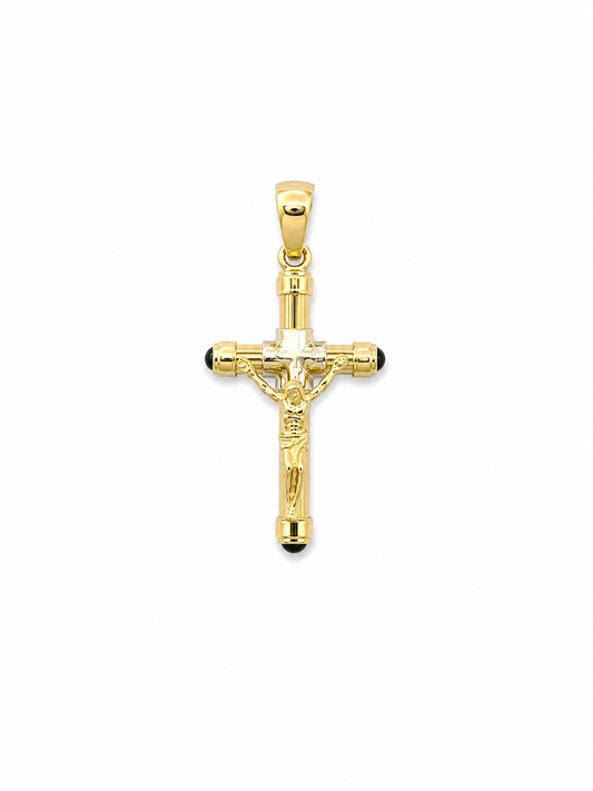 14K Yellow Gold Tubular Crucifix with Black Onyx Accents