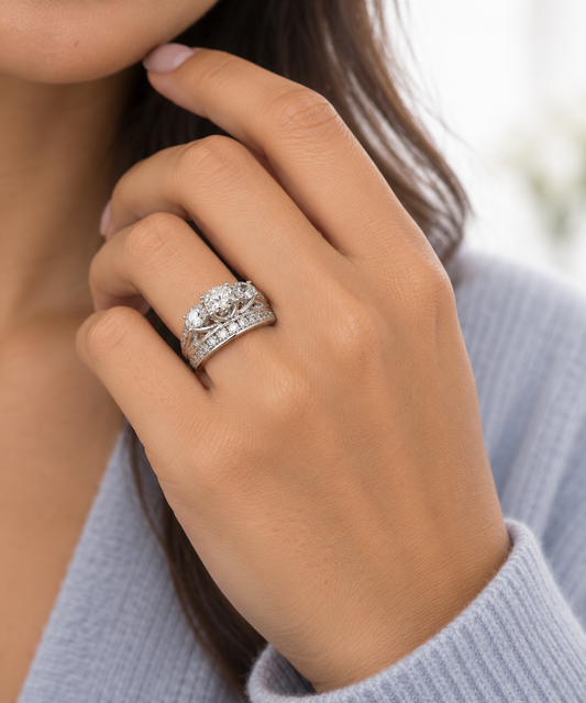 3 Stone Double Band Engagement Ring