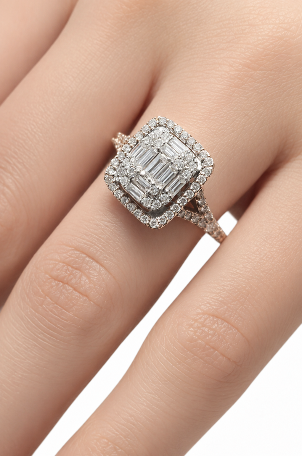 Emerald & Round Cut Natural Diamond Split Shank Ring