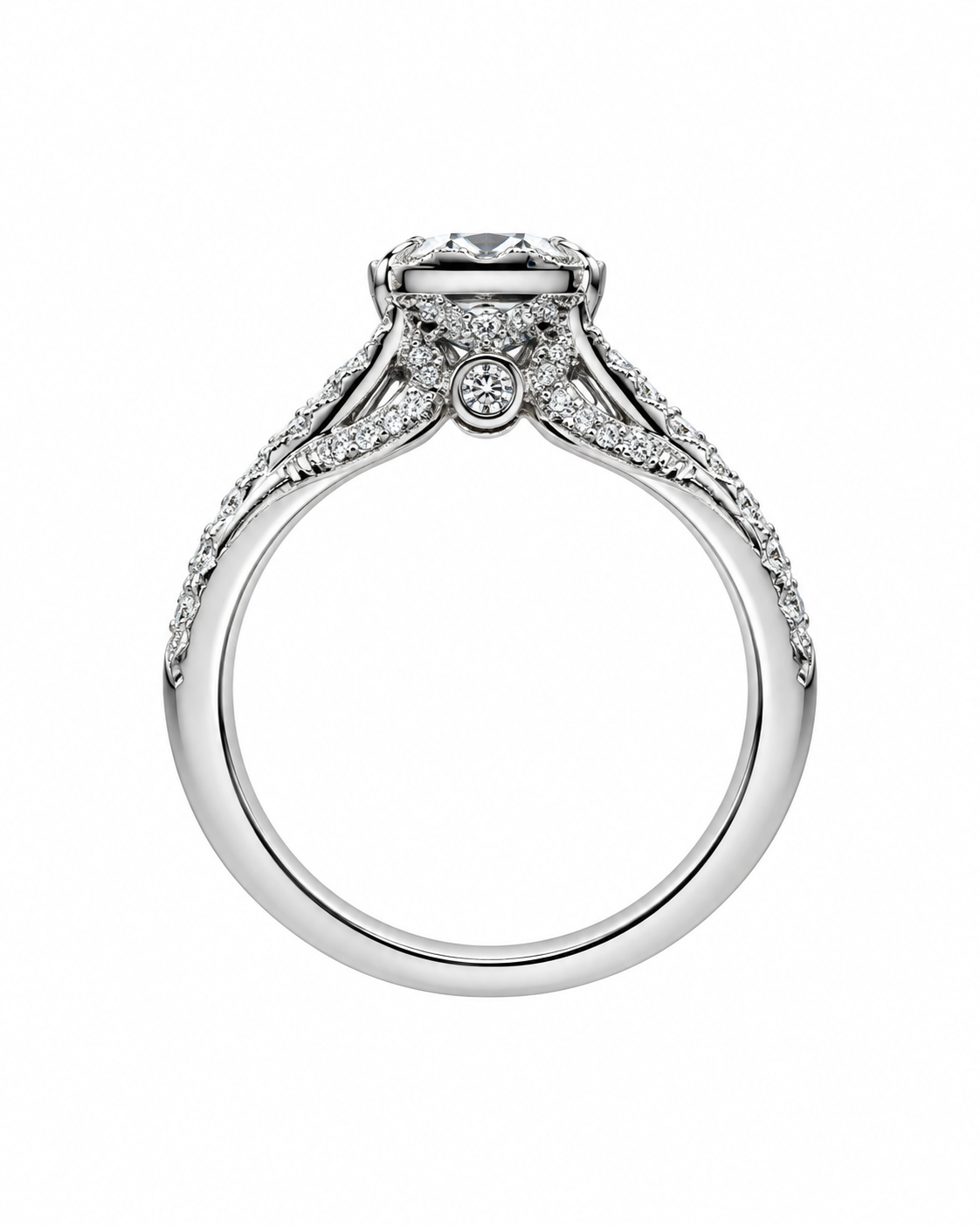 Round Halo Split Shank Engagement Ring