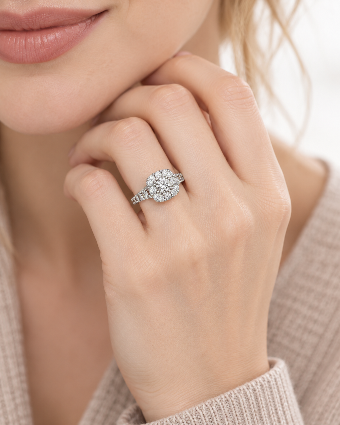 Round Halo Split Shank Engagement Ring