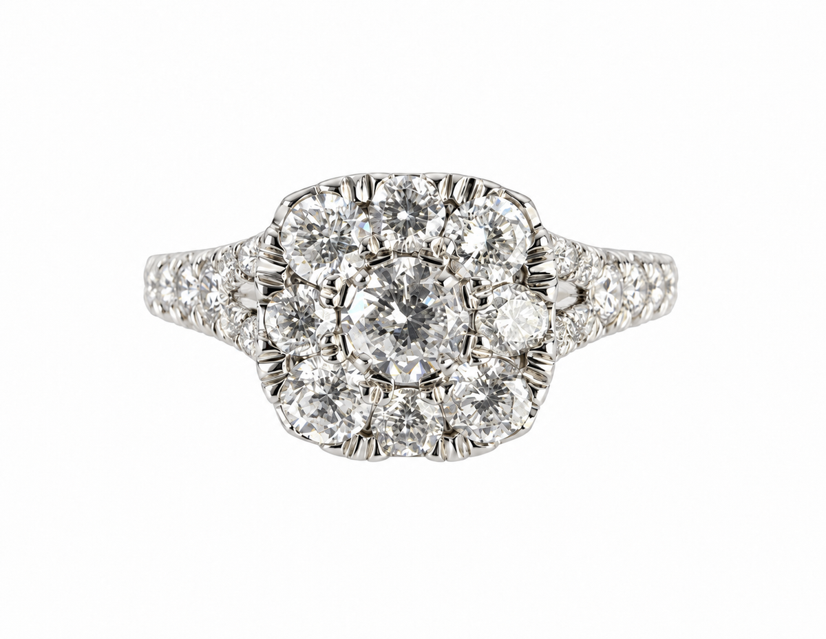 Round Halo Split Shank Engagement Ring