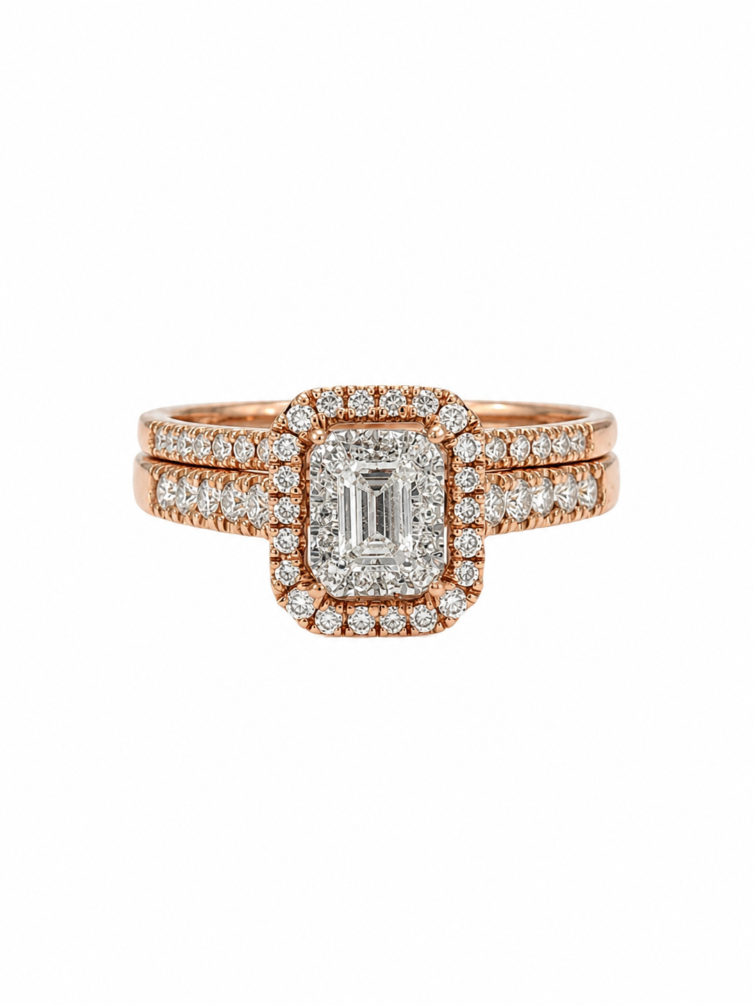 Emerald Diamond Double Halo Bridal Set