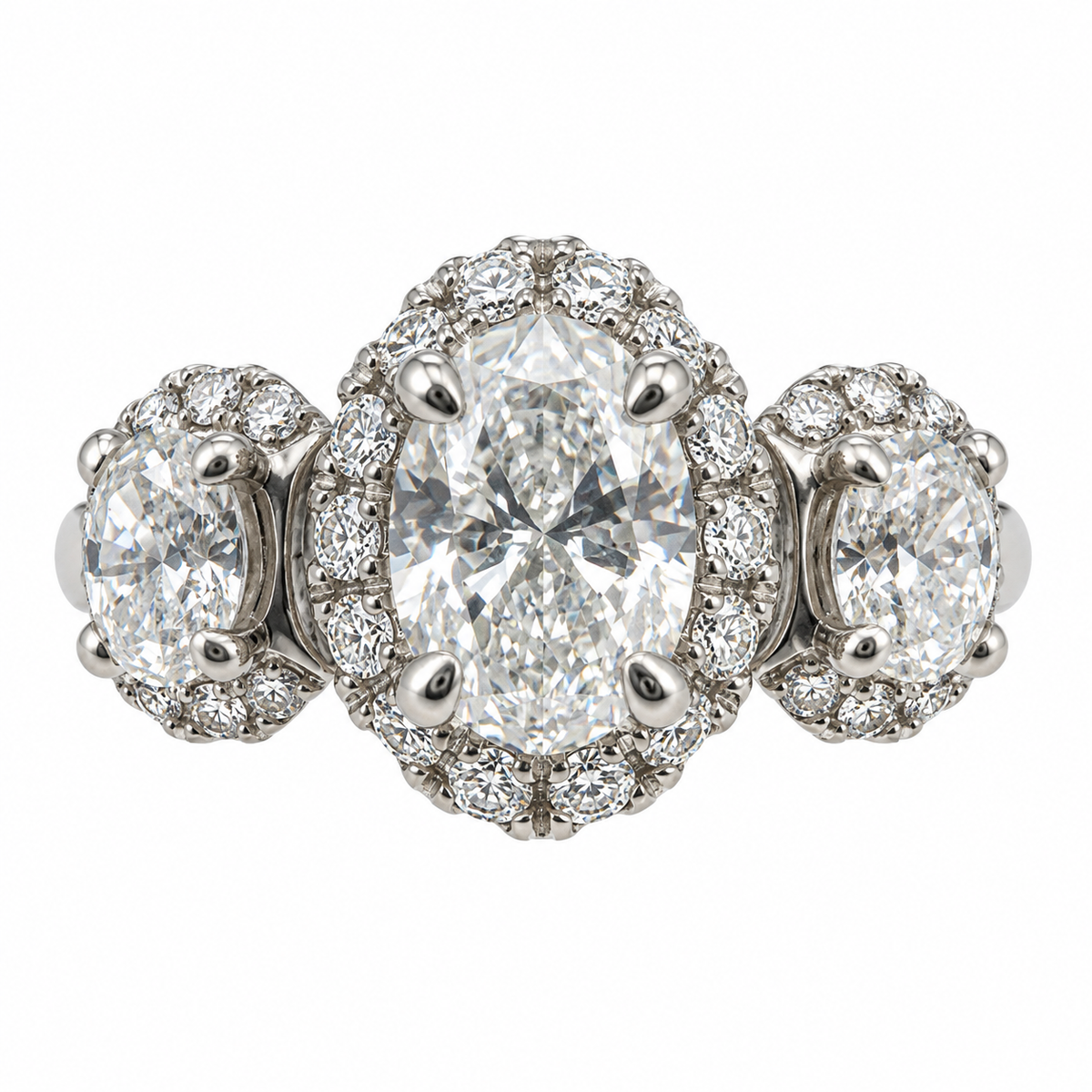 Three-Stone Oval Diamond Halo Bridal Ring Set