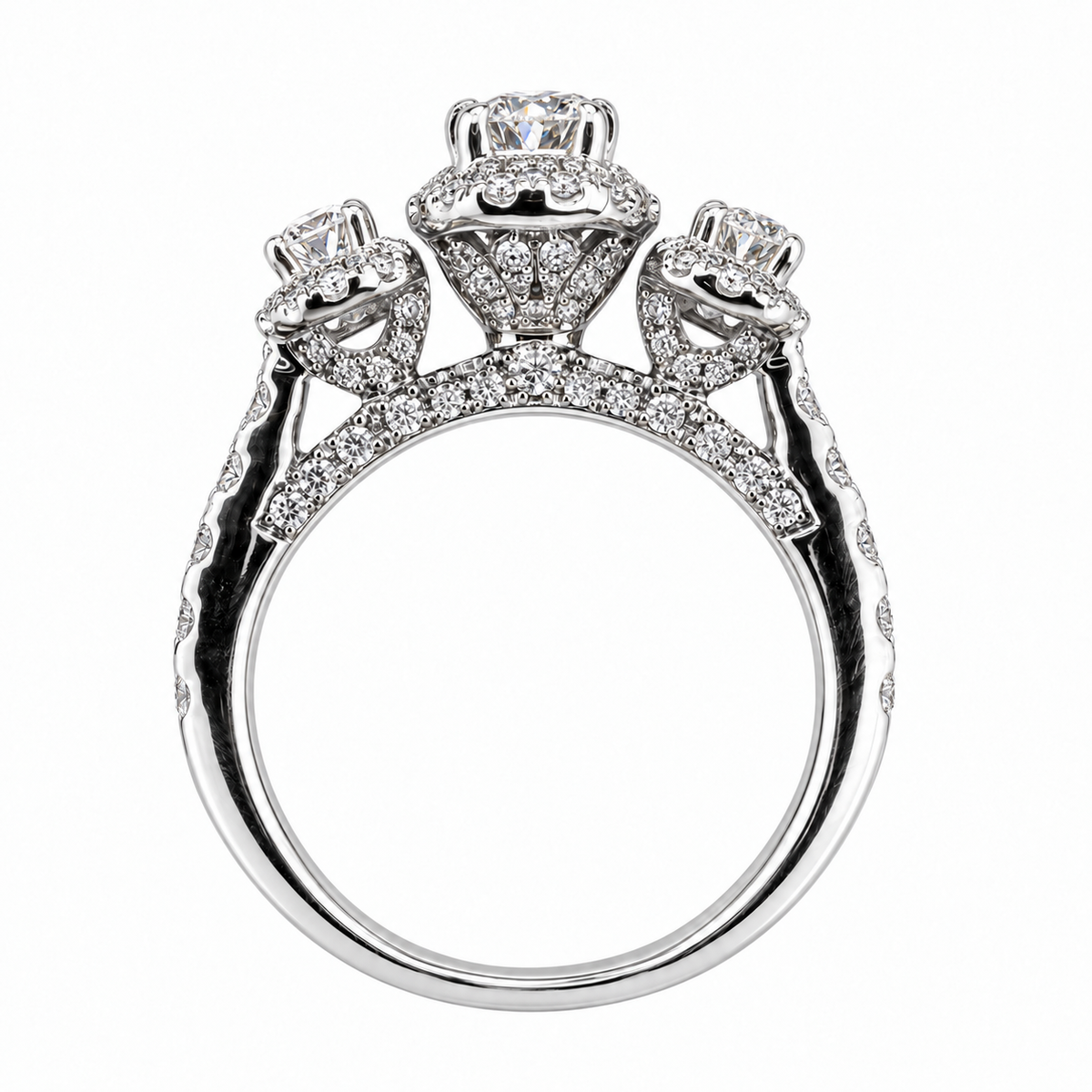 Three-Stone Oval Diamond Halo Bridal Ring Set