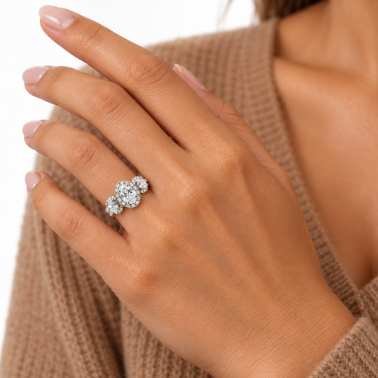 Three-Stone Oval Diamond Halo Bridal Ring Set
