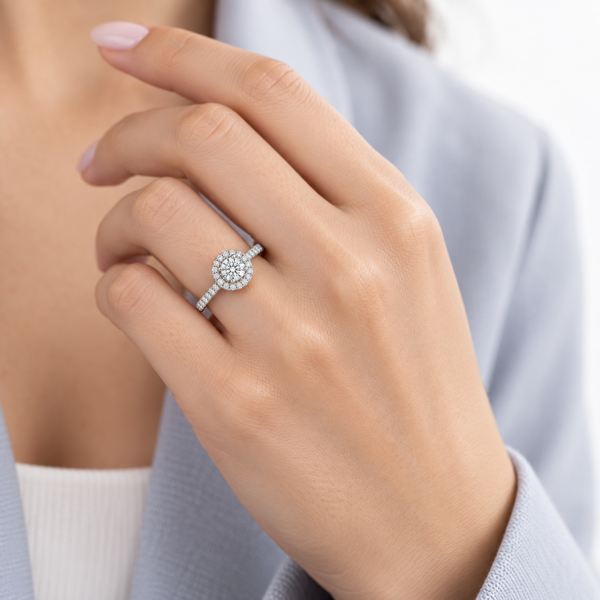 Round or Pear Diamond Halo Bridal Ring Set