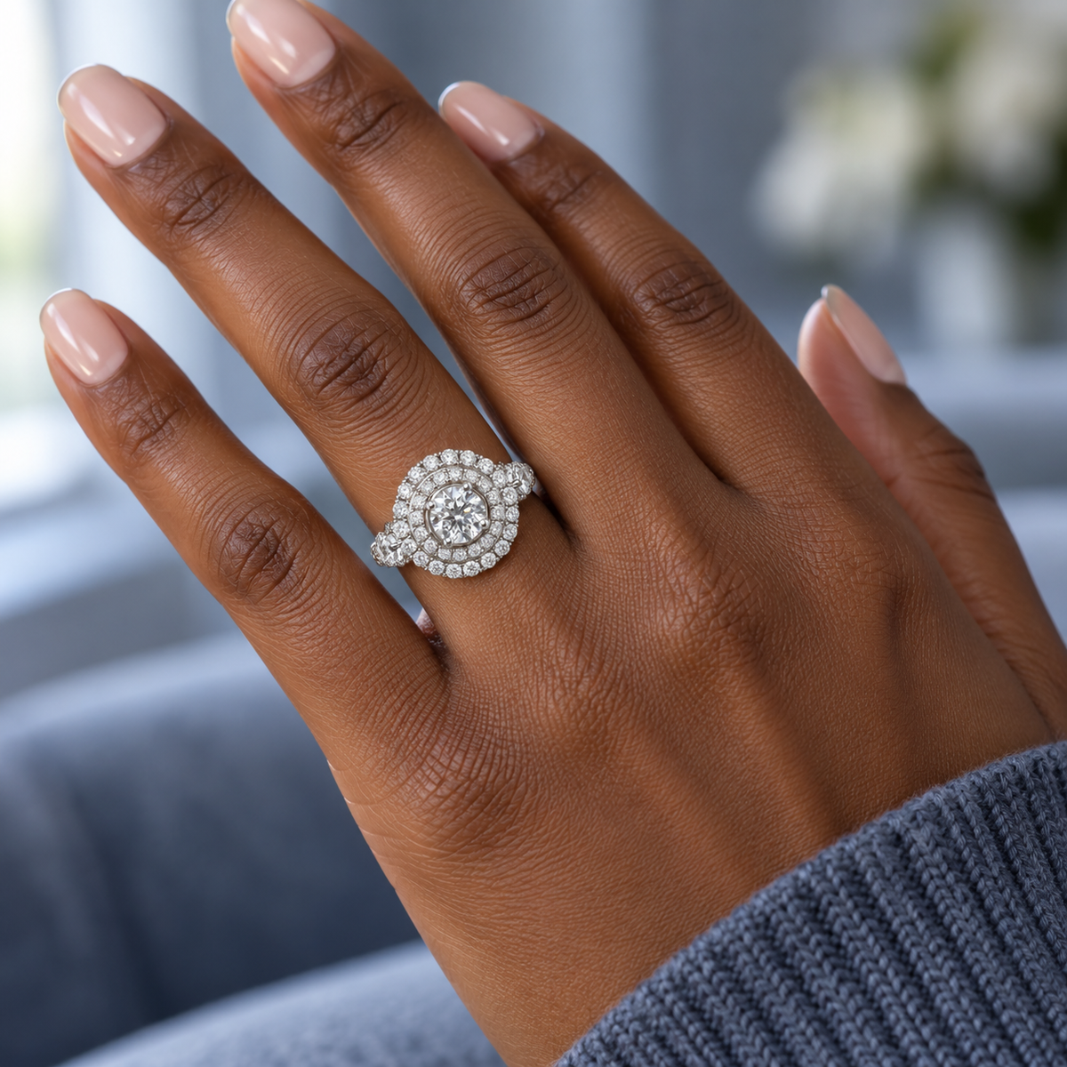 Round Double Halo & Alternating Band Bridal Set