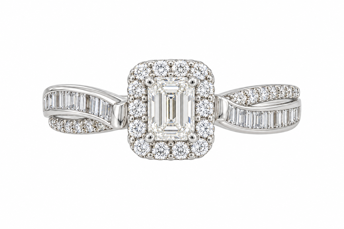 Emerald Halo Twist Shank Bridal Set