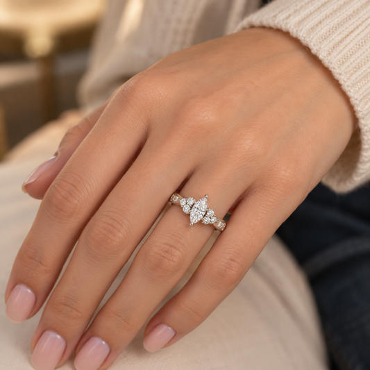 Marquise Engagement Ring with Floral Band Clusters