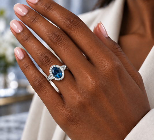 Large Oval Blue Topaz Diamond Halo Ring