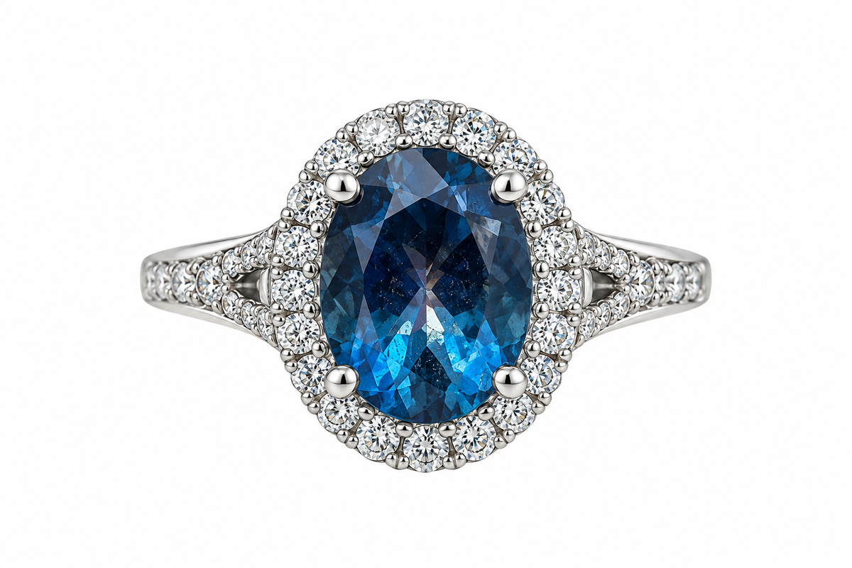 Large Oval Blue Topaz Diamond Halo Ring