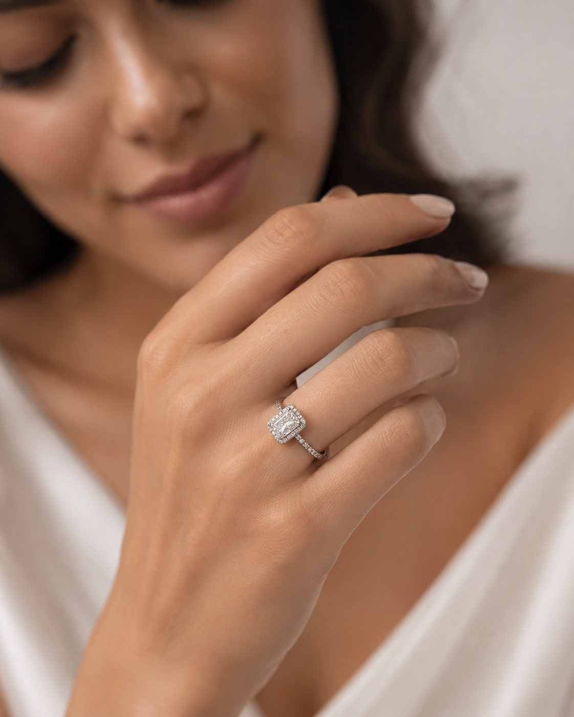 Lab Radiant Halo Three Quarter Engagement Ring