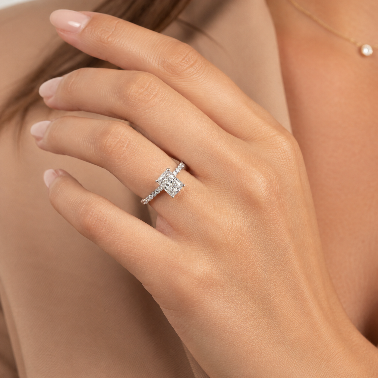 Radiant Diamond Engagement Ring with Hidden Halo