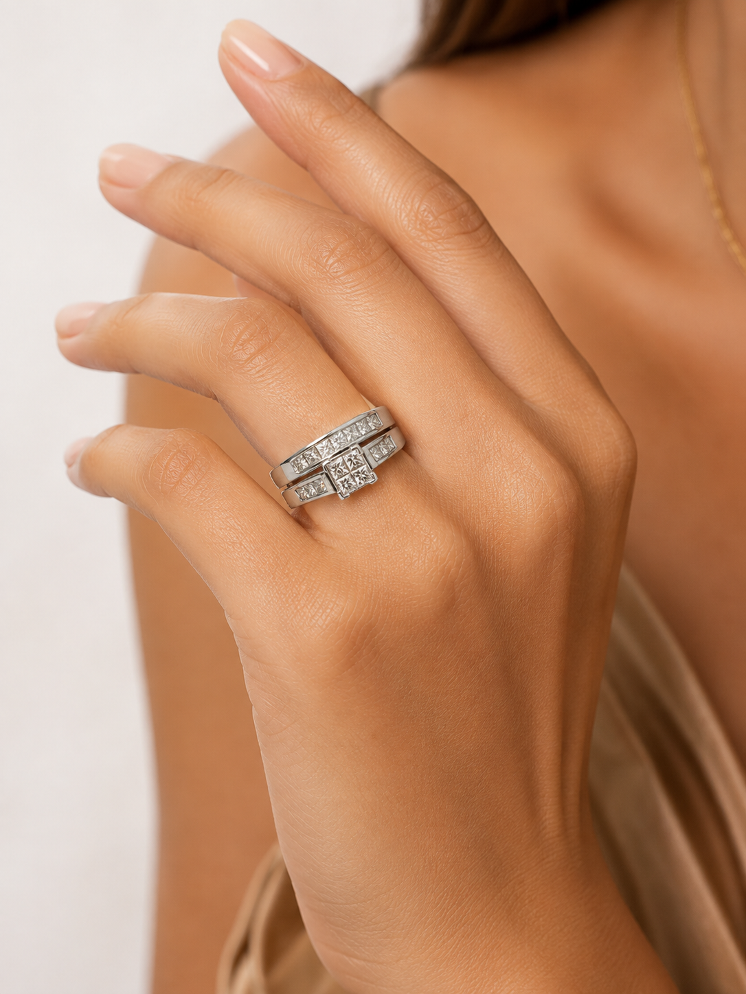 Princess Cut Channel-Set Cluster Bridal Ring Set