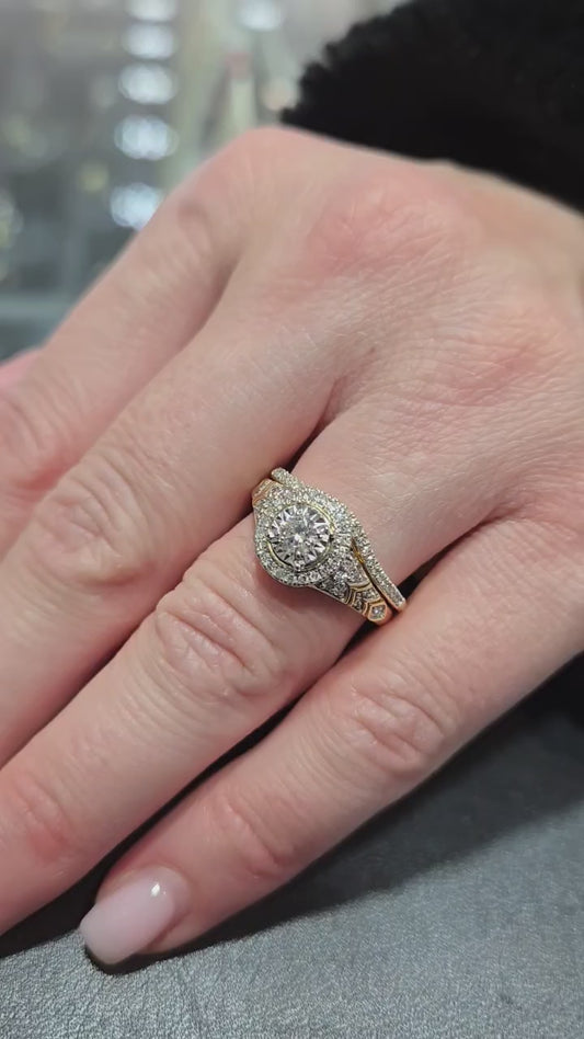 Halo Design 14k Yellow Gold Natural Diamond Bridal Set